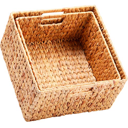 HOONEX Water Hyacinth Storage Baskets for Organizing, Decorative Wicker Baskets with Carrying Handles, Set of 2, Natural - color: Natural (Water Hyacinth), size: 13 x 13 x 7.5 inches