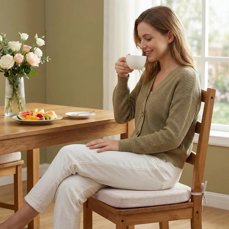 D-Shaped Chair Cushions Set of 1, Chair Pads with Ties, 17" x 16" | 2" Thick Non Slip Seat Cushion for Dining & Kitchen Chairs, 40D Foam, Removable Washable Cover, Beige - color: Beige
