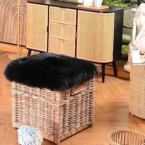 LLB Sheepskin Chair Cushion Non-Slip Back Square Genuine Fur Chair Cover Silky Natural Wool Seat Cushion Pad Soft Area Rugs Carpet for Home Office Restaurant Chair 18x18 Inch (Pack of 1), Black - color: Black, size: 18x18 Inch (Pack of 1)