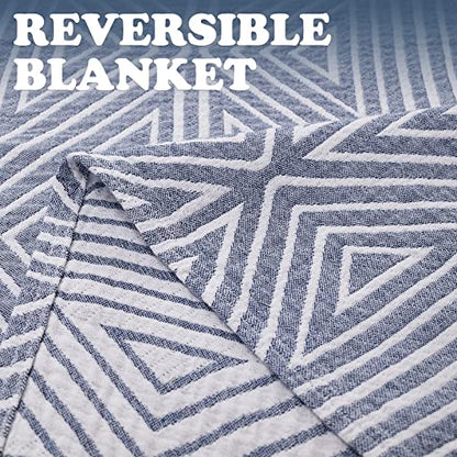 jinchan 100% Cotton Muslin Blanket Twin Boho Throw Blanket 50x60 Slate Blue | 3-Layer, Geometric Triangle Quilt, Cooling Breathable Lightweight, for Adult, Soft, Reversible, Summer, Couch, Sofa, Bedroom - color: B. Triangle Blue, size: 50"x60"