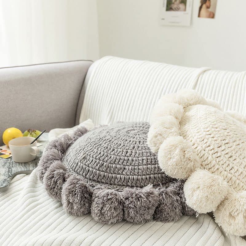 Knitted Throw Pillow Round Couch Pillow Sofa Cute Cushion Handmade Pompoms Decorative Plush Pillow (Beige, Diameter 18inches) - color: Beige