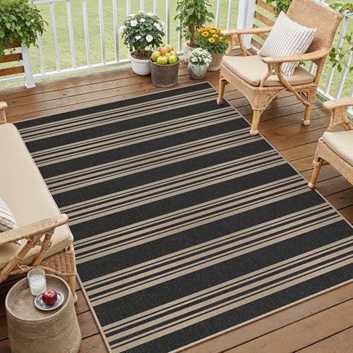 Outdoor Rug 4x6 Washable Striped Jute Look Non Slip Carpet | Black and Tan Stripe Farmhouse Style, Indoor Outdoor Area Rug for Patio, Living Room, Dining Room, Non Shedding, Neutral Rugs - color: Black/Striped, size: 4' x 6' (Rectangular)
