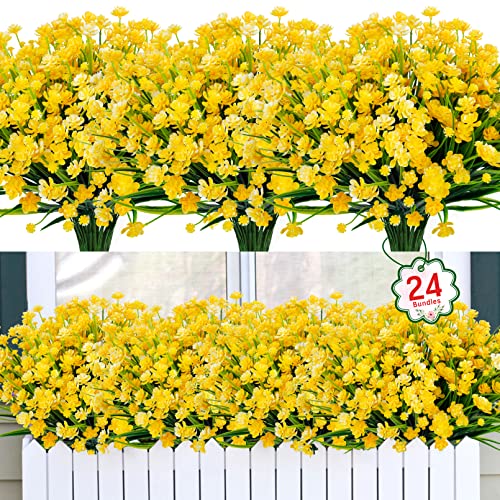 24 Bundles Artificial Flowers for Outdoors Decorations, Yellow | Fake plastic plants, faux greenery stems, UV resistant, for autumn Thanksgiving indoor outdoor garden patio table home decor - color: Yellow, size: 24 Packs