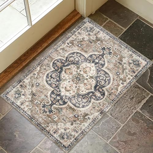 Machine Washable Area Rug - Living Room Bedroom Bathroom Kitchen Entryway Office - Padded Crease Free Stain Resistant Premium - Boho Farmhouse Vintage- Joy - Brown Tan - 2'x 3' - color: Medallion - Brown Ivory, size: 2' x 3' (Rectangular)