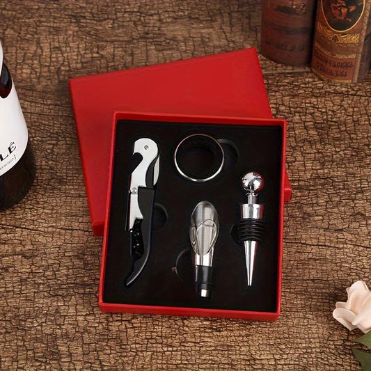 4 Pieces Wine Accessory Gift Set, Stainless Steel Wine Opener Kit with Pourer, Wine Stopper, Drip Ring, Wine Tools Box for Party Wedding Gift (Red) - color: Red