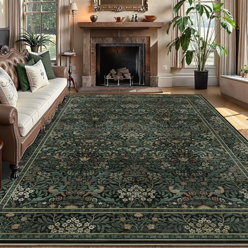 5x7 Washable Area Rug Non Slip Throw Carpet for Bedroom Dark Green | Soft Low-Pile Area Rug,Vintage Distressed Botanical Birds Carpet,Foldable Stain Resistant Rug for Kitchen Dining Room Office - color: Dark Green, size: 5' x 7' (Rectangular)