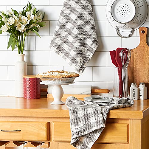 DII Washed Waffle Weave Collection, Dishtowel Set, 18x28, Dove Gray Check, 2 Piece - color: Dove Gray Check