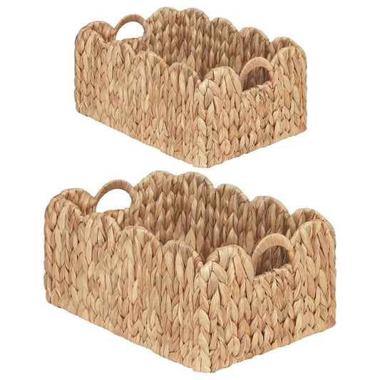 iEGrow Scalloped Wicker Basket, Set of 2 Woven Rattan Natural Water Hyacinth Baskets with Built-in Handles, Rectangle Storage Baskets for Organizing, Decor, Shelf and Nursery Room - size: Rectangle
