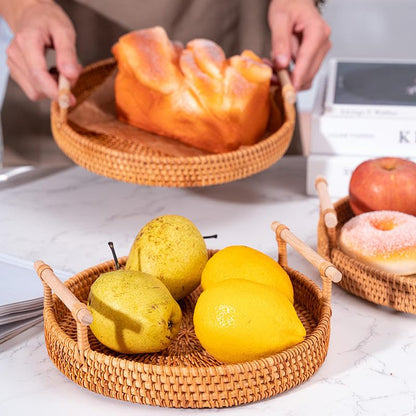 Rattan Hand Woven Round Decorative Rustic Serving Wicker Trays with Handles for Home/Social Events - Bread Basket, Vegetable, Fruits, Snacks, Crackers, Breakfast - Set of 3.
