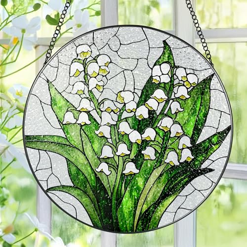 Lily of The Valley Flower Stained Glass Suncatcher, Stained Glass Window Hanging, 8 Inch Green Plants Suncatcher Decor, Gifts for Mother's Day, Mom Gift, Grandma Gift, Gifts Idea - color: Lily of the Valley