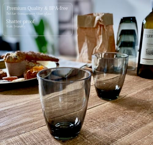 KLIFA- ETON- 15.2 ounce, Set of 6, Acrylic Drinking Glasses Set, BPA-Free Tumblers, Stackable Plastic Drinkware, Dishwasher Safe Cups, Gray-Black - color: Gray/Black, style: 15.2 ounces, Set of 6