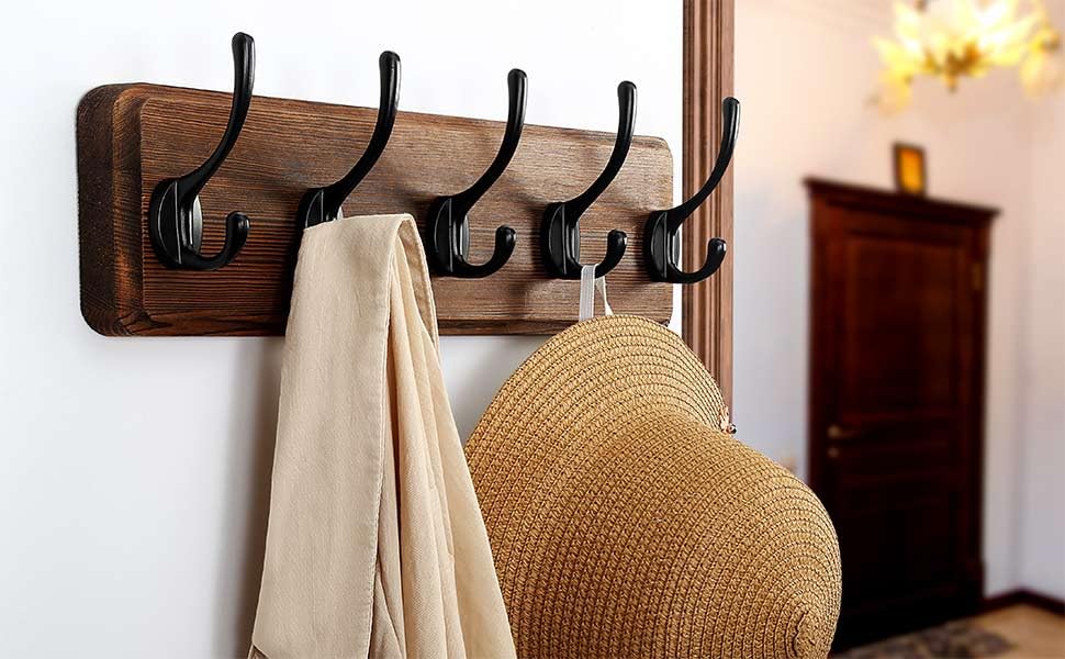Wall Mounted Coat Rack: Patented, Heavy-Duty, 17.4" Long 5-Double-Hooks Wooden Hanger Rail for Winter Coats, Hat, Jacket, Clothing - Natural & Black, Pack of 2 - color: Natural & Black, size: L=17.4" (2pcs)