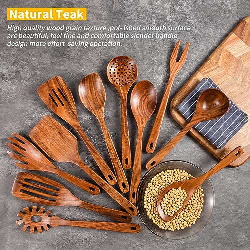 GUDAMAYE 11 PCE Wooden Spoons for Cooking, Wooden Kitchen Utensils Set,Wooden Cooking Utensils,Natural Teak Wooden Spoons For Non-stick Pan - size: 11 PCS