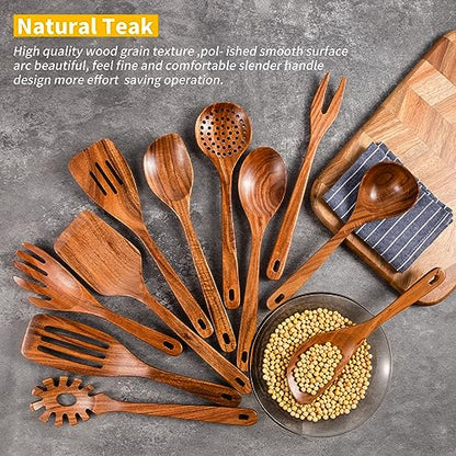 GUDAMAYE 11 PCE Wooden Spoons for Cooking, Wooden Kitchen Utensils Set,Wooden Cooking Utensils,Natural Teak Wooden Spoons For Non-stick Pan - size: 11 PCS