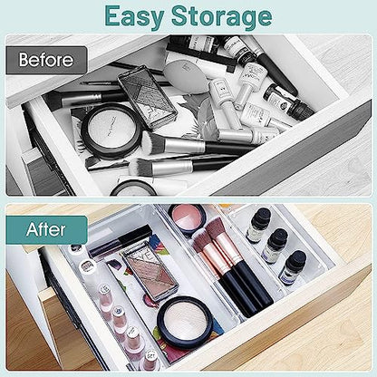25 PCS Clear Plastic Drawer Organizer Set, 4 Sizes Stackable Storage Bins with Non-Slip Silicone Pads, Desk Bathroom Kitchen Makeup Office Drawer Organizers for Cosmetics,Gadgets & Accessories