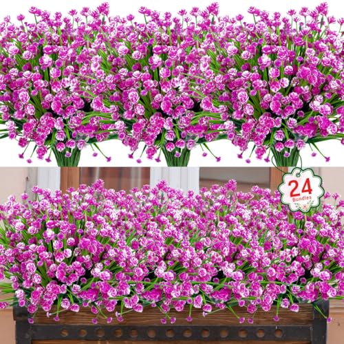 24 Bundles Artificial Flowers for Outdoors Decorations, Fuchsia | Fake plants, plastic flowers, faux greenery stems, UV resistant, for indoor garden patio window box kitchen home decor - color: Fuchsia, size: 24 Packs