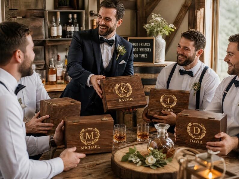 Personalized Engraved Whiskey Glass Gift Set, Custom Whiskey Stones Set with Wooden Box, Granite Chilling Rocks Tongs, Unique Gifts for Men Dad Groomsmen Birthday Father's Day