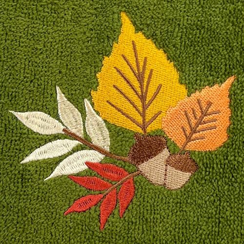 Autumn Fall Bath Fingertip Towels, Forest Olive Dark Green, 100% Cotton, Embroidered Fall Foliage Leaf Design, 2 Piece Set, 12" x 18" - color: Fall Foilage