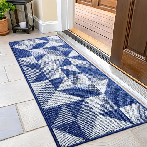 OLANLY Door Mat Indoor Entrance Washable 47x23, Odor-Free Low-Profile Front Back Geometric Doormat, Absorbent Resist Dirt Entry Carpet, Easy to Clean Sturdy Inside Floor Mats for Entryway, Navy - color: Navy, size: 47" x 23"