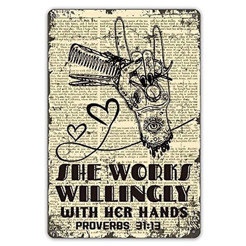 QIONGQI She Works Willingly with Her Hands Metal Tin Sign Wall Decor Retro Hairstylist Art Signs for Home Salon Baber Decor Gifts - color: WILL