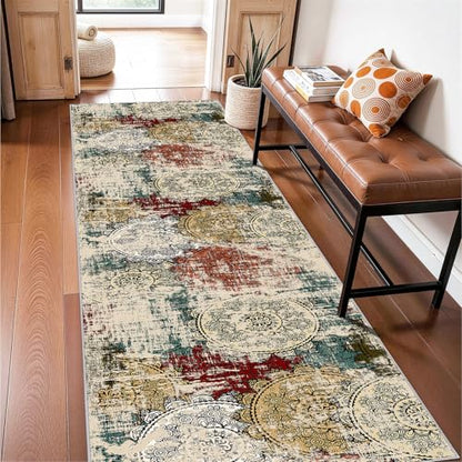Washable Runner Rug 2x8 Modern: Non-Slip Backing Indoor Carpet Hallway | Abstract Thin Low-Pile Stain Resistant Easy Clean Soft Mandala Mat Kitchen Foyer Office High-Traffic Household Red Green - color: Red/Green/Multi, size: 2' x 8' (Rectangular)