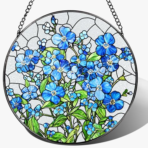Stained Glass Window Hanging, 8 Inch Forget Me Not Stained Glass Suncatcher, Window Hanging Decor, Flower Sun Catchers, Gifts for Flower Lover, Birthday Gifts for Lover, Friend, Family, Teacher - color: Forget Me Not