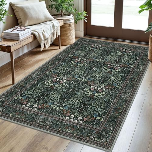 SIILOOM 3x5 Washable Area Rug Non Slip Door Mat Indoor for Entryway Bedside | Dark Green(Modern) Soft Boho Vintage Floral Spill & Stain Resistant Low Pile Carpet for Kitchen Front Backdoor Bedroom - color: Dark Green(modern), size: 3' x 5' (Rectangular)