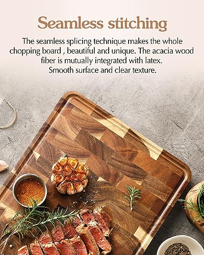 XINZUO Acacia Wood End Grain Cutting Board (13.8''L x 9.8''W x 1''T)-Wooden Chopping Board with Non-Slip Feet, Side Handles and Juice Groove - size: 13.8"L x 9.8"W