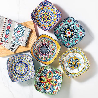 HENXFEN LEAD Boho Ceramic Square Bowls – 20 oz Colorful Bowls for Snacks, Dessert, Side Dishes, Pasta - 6 Inches Appetizer Plates Set of 6, Microwave & Dishwasher Safe - size: 20 Oz