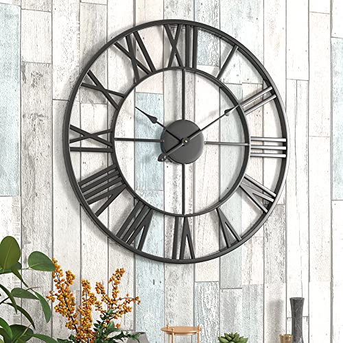 30 inch Large Metal Wall Clock, Industrial Indoor Outdoor Waterproof Art Decor Modern Clocks, European Retro with Oversized Roman Numerals, Silent Battery Operated Decor,Office,Kitchen, Loft - size: 30in