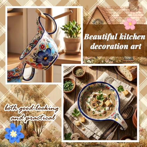 LemonRoad 2 Pack 15 oz Ceramic Soup Bowls with Handle,Roman Garden | Handpainted Decorative Soup Mug, Microwave & Dishwasher Safe, Loop Handle, for Fruit Chili Stew Ice Cream, Gift