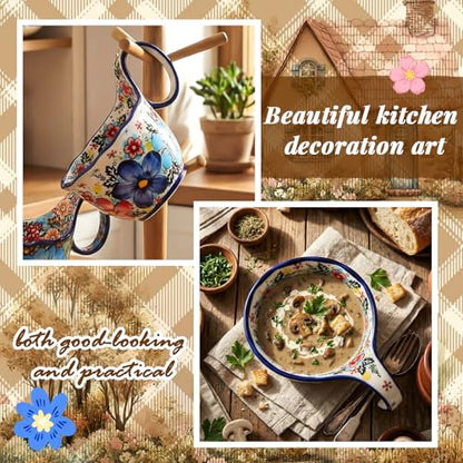 LemonRoad 2 Pack 15 oz Ceramic Soup Bowls with Handle,Roman Garden | Handpainted Decorative Soup Mug, Microwave & Dishwasher Safe, Loop Handle, for Fruit Chili Stew Ice Cream, Gift