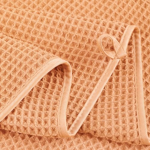 POLYTE 430 GSM Poly Blend Microfiber Quick Dry Waffle Bath Towel Set of 6 | 2-Body Towels, 2-Hand Towels, 2-Wash cloths, Oversize, Lint Free - color: Orange