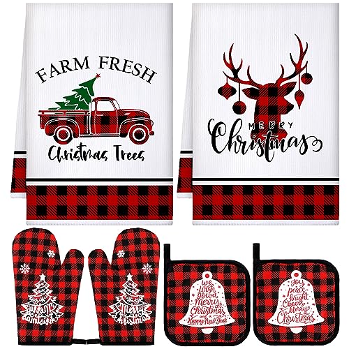 Bencailor 6 Pcs Christmas Kitchen Set Christmas Tree Kitchen Towels Oven Mitts and Pot Holders Set Dish Towel Heat Resistant Oven Mitts for Xmas Decor Cooking Baking Grilling(Truck) - style: Truck