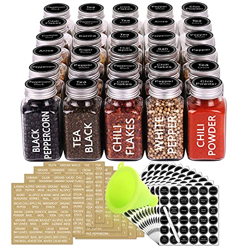 SWOMMOLY 30 Glass Spice Jars 6 oz Empty Square Spice Bottles with 703 Spice Labels, Chalk Marker and Funnel Complete Set. 30 Spice Containers with Airtight Cap, Pour/sift Shaker Lid - size: 6 OZ