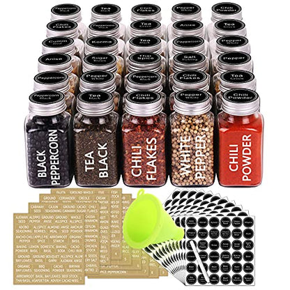 SWOMMOLY 30 Glass Spice Jars 6 oz Empty Square Spice Bottles with 703 Spice Labels, Chalk Marker and Funnel Complete Set. 30 Spice Containers with Airtight Cap, Pour/sift Shaker Lid - size: 6 OZ