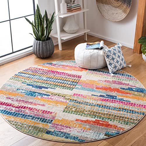 SAFAVIEH Madison Collection Area Rug - 6'7" Round, Ivory & Multi, Boho Abstract Distressed Design, Non-Shedding & Easy Care, Ideal for High Traffic Areas in Living Room, Bedroom (MAD417C) - size: 6'7" (Round)