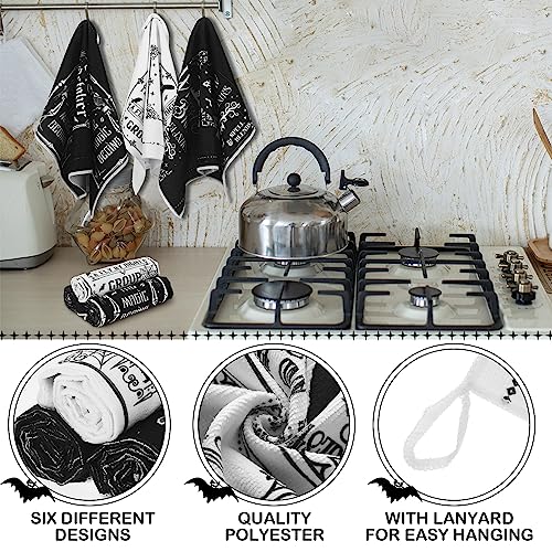 Ganeen 6 Pcs Halloween Kitchen Towels The Undead Gothic Art Dishtowels Set Halloween Skull Tea Skull Gifts Tarot Hand Towels for Cooking Baking Home Kitchen - color: Traditional