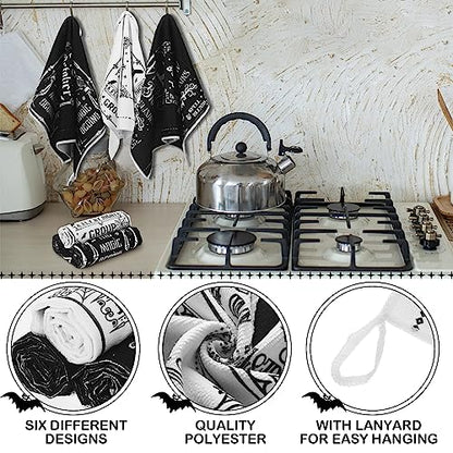 Ganeen 6 Pcs Halloween Kitchen Towels The Undead Gothic Art Dishtowels Set Halloween Skull Tea Skull Gifts Tarot Hand Towels for Cooking Baking Home Kitchen - color: Traditional