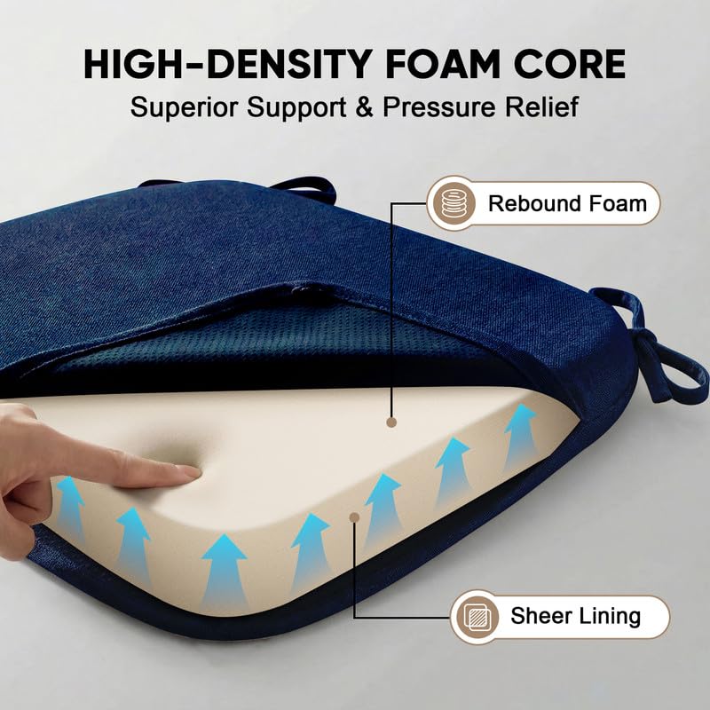 D-Shaped Chair Cushions Set of 1, Chair Pads with Ties, 17" x 16" | 2" Thick Non Slip Seat Cushion for Dining & Kitchen Chairs, 40D Foam, Removable Washable Cover, Dark Blue - color: Dark Blue
