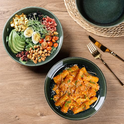 GBhome 8.75'' Large Ceramic Pasta Bowls, 38oz Stoneware Pasta Serving Bowls Set of 4 for Kitchen, Wide Bowls for Fruit,Pasta,Salad,Oatmeal,Meal, Microwave Safe, Reactive Glaze-Earth Green - color: Earth Green