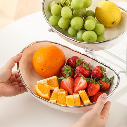 White Fruit Bowl with Gold Metal Stand, 3 Tier Modern Ceramic Fruit Bowl Fruit Rack for Kitchen Counter, Tiered Fruit Basket for Snacks Bread Candy Storage (White,3 Tier) - color: White A,3 Tier