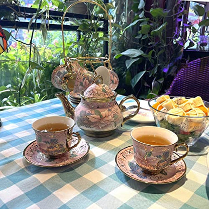 20 Pieces Porcelain Tea Set With Metal Holder, European Ceramic tea set for adults,Flower Tea Set,Tea Set For Women With Flower Painting (Large version, Pink) - color: Pink