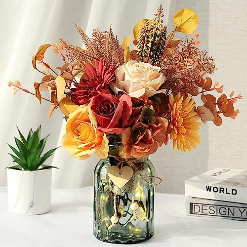 Fall Artificial Flowers in Vase, Fall Orange Rose Centerpiece | with Vase, Silk Fall Orange Mums Sunflower Flower Arrangements for Home Indoor, Table Centerpiece, Bathroom, Farmhouse Decor - color: Autumn Orange