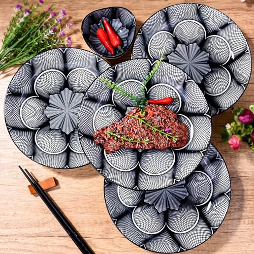 4-Piece Ceramic Salad Plate Set, 8-Inch Round Dinner Plates with Black & White Geometric Flower Motif, Modern Serving Dish with Black Rim, Microwave & Dishwasher Safe, Stackable Plates for Pasta - color: Black and White Floral Pattern