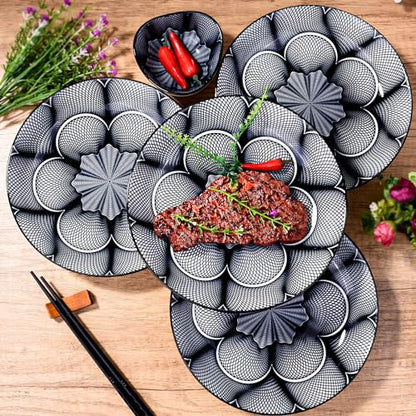 4-Piece Ceramic Salad Plate Set, 8-Inch Round Dinner Plates with Black & White Geometric Flower Motif, Modern Serving Dish with Black Rim, Microwave & Dishwasher Safe, Stackable Plates for Pasta - color: Black and White Floral Pattern
