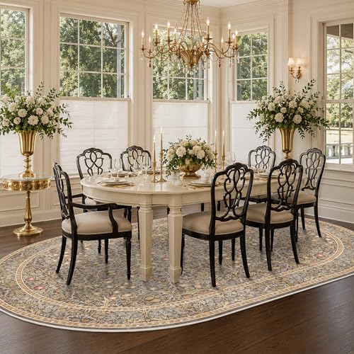 Gold Brown 8x12 Oval Dining Room Area Rug Under Table - Large Washable Oval Rug for Living Room, Bedroom, Soft Low Pile Non-Slip Stain Resistant Carpet - Vintage Floral Décor - color: Gold Brown, size: 8' x 12' (Oval)