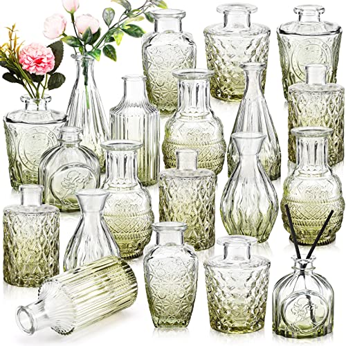 Inbagi 20 Pcs Glass Bud Vase Set - Green Small Flower Vases Bulk, Vintage Embossed Decorative Bottles for Wedding Valentine Home Table Centerpieces Decor - color: Green