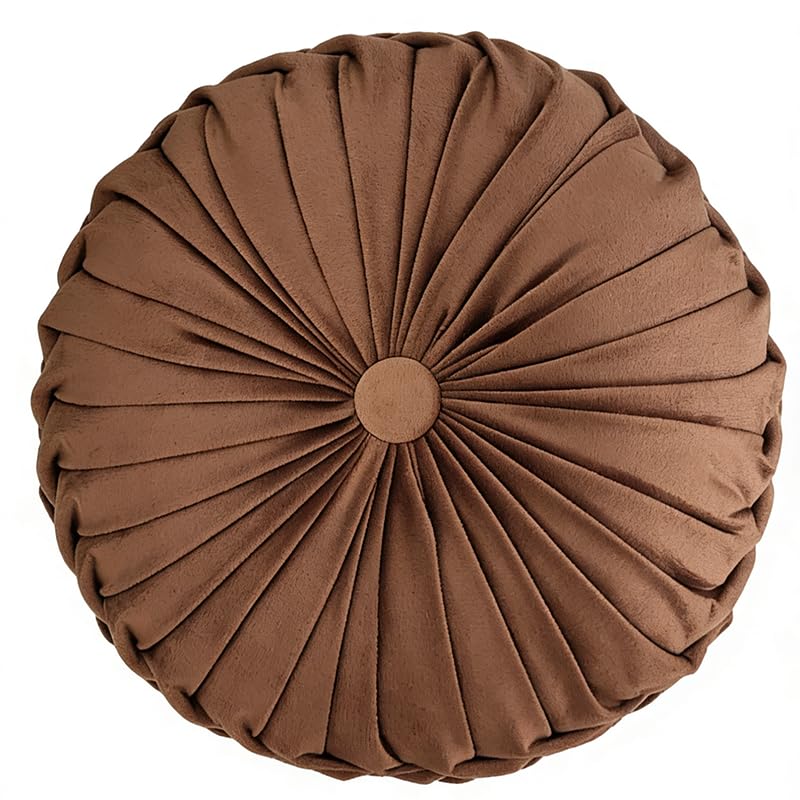 Round Throw Pillow Velvet 1 Pcs 14.17" Home Decoration Pleated 3D Pumpkin Pillow Cushion for Couch Chair Bed Car (Dark Coffee)