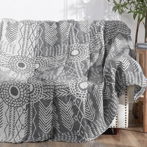 jinchan 100% Cotton Muslin Blanket Twin Boho Throw Blanket 50x60 Gray | 3-Layer, Tribal Geometric Quilt, Cooling Breathable Lightweight, for Adult, Soft, Reversible, Summer, Couch, Sofa, Bedroom - color: A. Boho Grey, size: 50"x60"